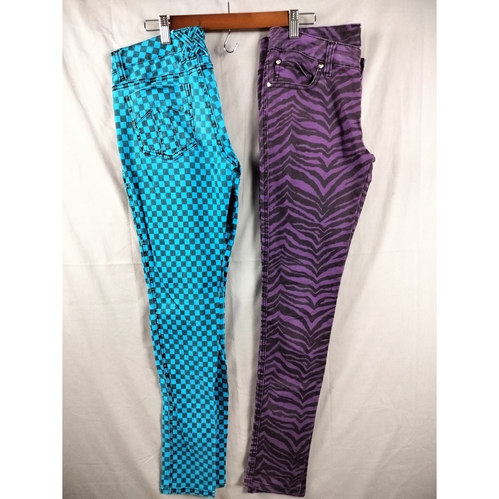 Tripp NYC Jeans x2 Women 5 Purple Zebra & Blue/Black Checkered Emo Punk Goth Y2K